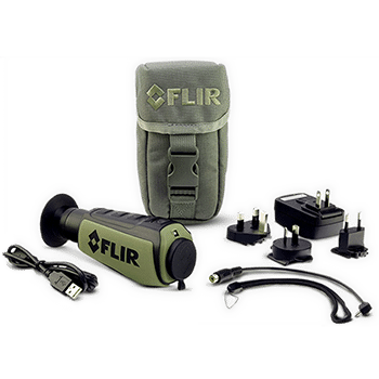 Teledyne FLIR Scout II thermal monocular shown with all included accessories.
