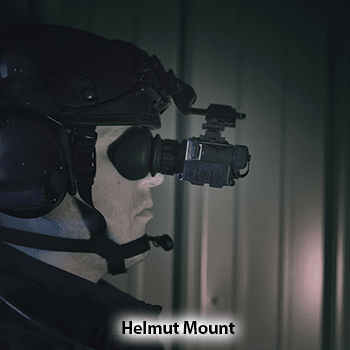 Officer wearing a helmet mounted Teledyne FLIR Breach PTQ136 thermal monocular.