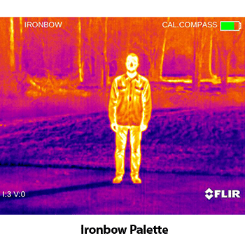 Photo showing a thermal image of a man using the ironbow palette feature.