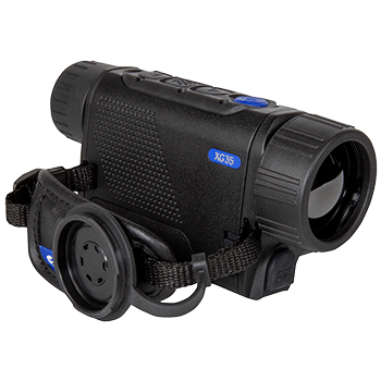 Front angle view of a Pulsar Axion 2 LRF thermal monocular.