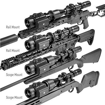 Photo showing the Pulsar Krypton FXG50 thermal front attachment mounted in both scope mount and rail mount configurations.