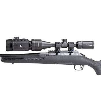 Photo showing the Pulsar Krypton FXG50 thermal front attachment mounted in scope mount configuration on a rifle.