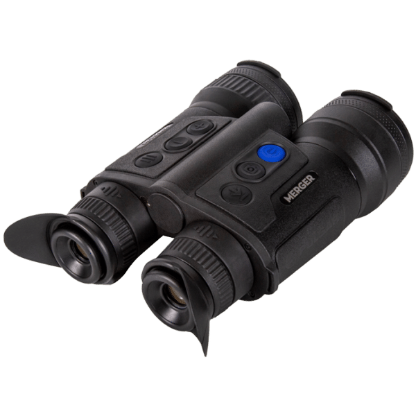 Top angle view of the Pulsar Merger LRF thermal binoculars.