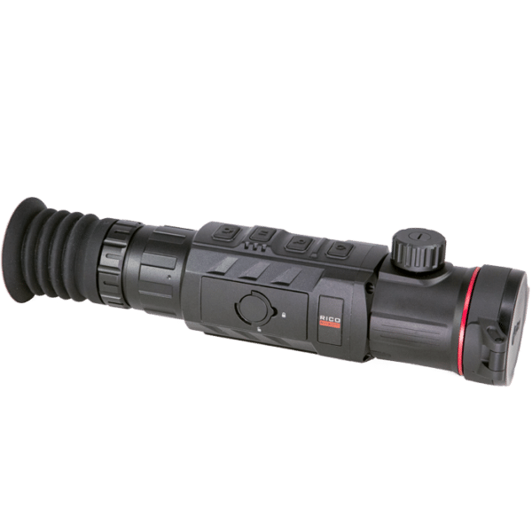 Side view of a Infiray Outdoor RICO RH50 PRO dual FOV thermal riflescope.