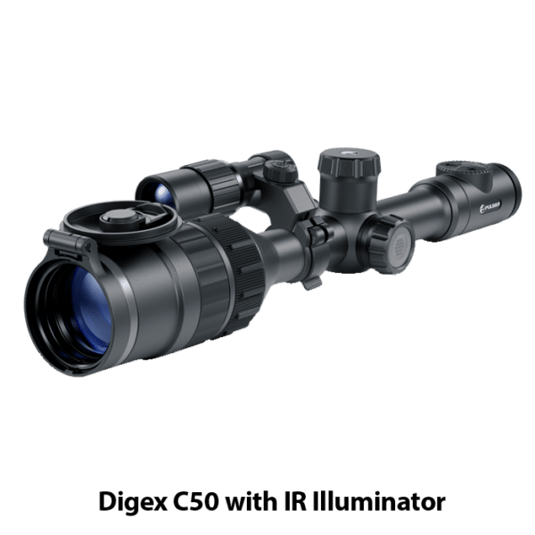 Front facing side angle view of a Pulsar Digex C50 digital night vision riflescope shown with attached IR illuminator.