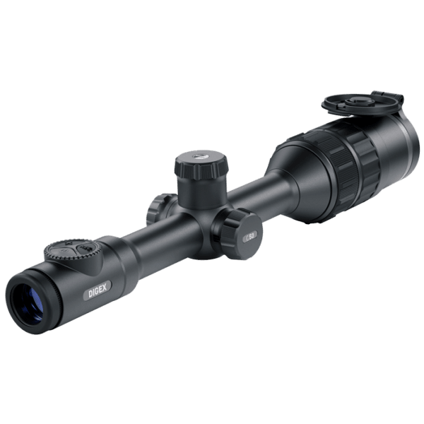 Rear facing side angle view of a Pulsar Digex C50 digital night vision riflescope.