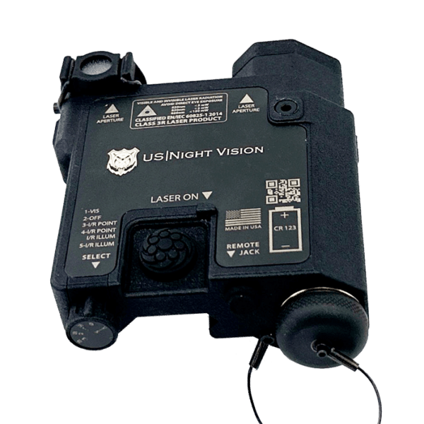 Photo of a black US Night Vision DesignateIR-V™ Three Beam Laser Green Visible / Infrared Laser / VCSEL IR Illuminator.