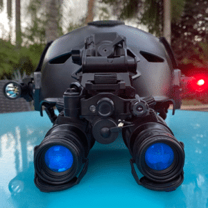 AN/PVS-31D (F5032) night vision binoculars shown mounted to a Team Wendy bump helmet.