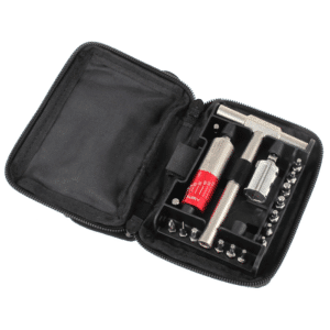 Photo showing fix-it-sticks rifle and optics tool kit in black soft pouch carrying case.