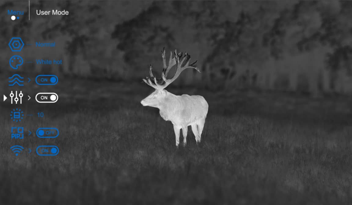 Photo showing a thermal image of an elk with the user mode inline controls.