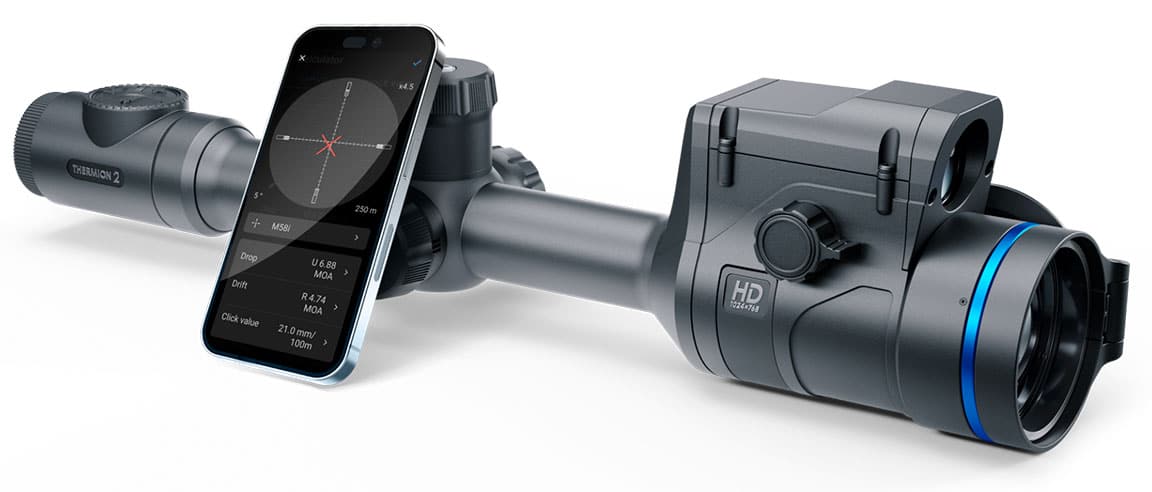 Thermion 2 LRF XL50 thermal riflescope shown next to a iPhone with the Stream Vision app open.