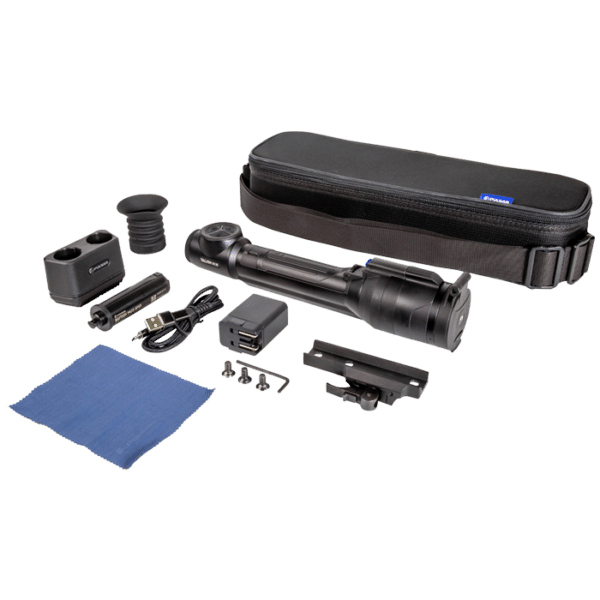 Pulsar Talion thermal riflescope shown with all included accessories and carrying case.