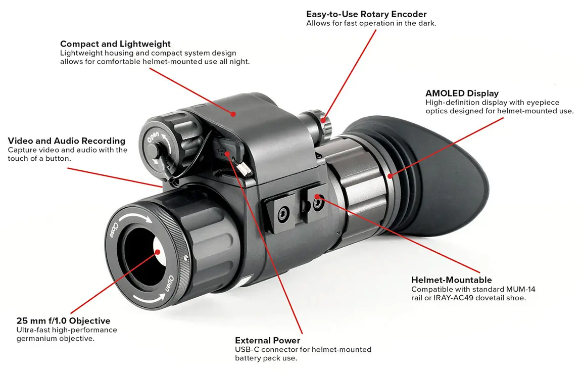Photo showing various feature callouts of the InfiRay Outdoor MINI MH25W Multi-Function Thermal Monocular.